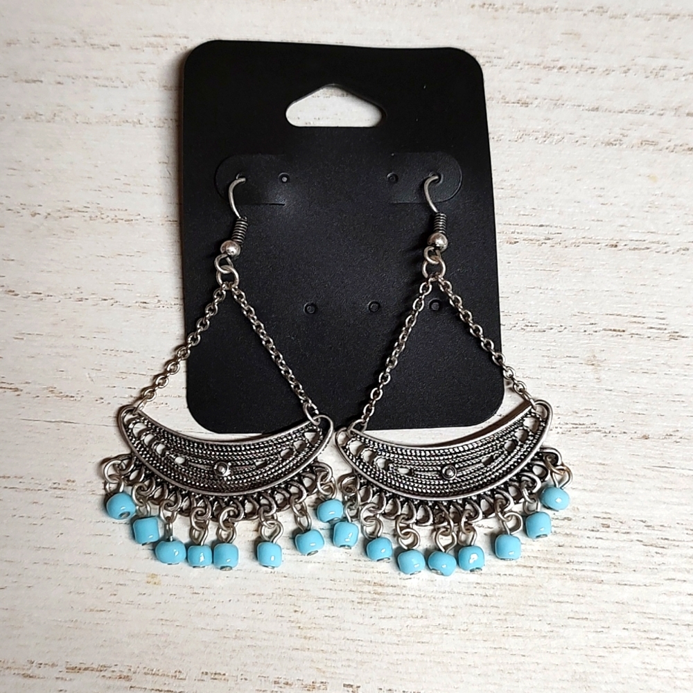 😻 3 For $15 Silver Tibetan Style Boho Look Light Blue Beaded Dangles NWOT
